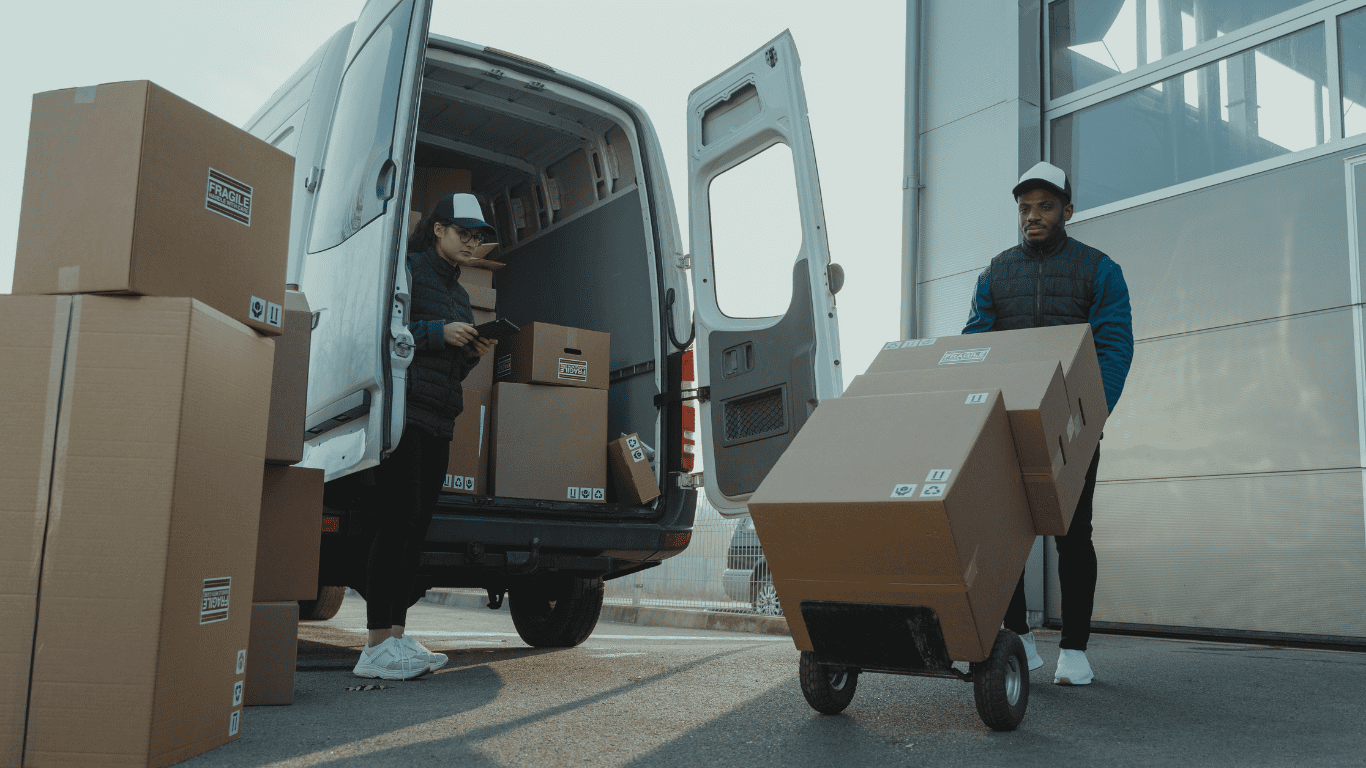 Professional Packers & Movers loading boxes into truck with safety